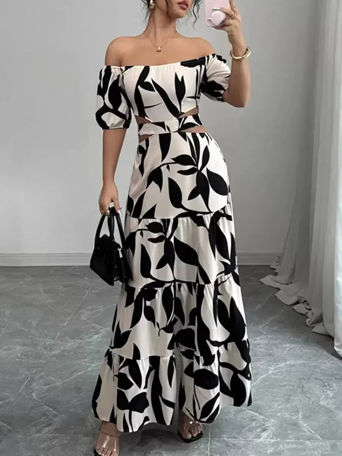 Off shoulder leaf print smocked maxi dress, side profile