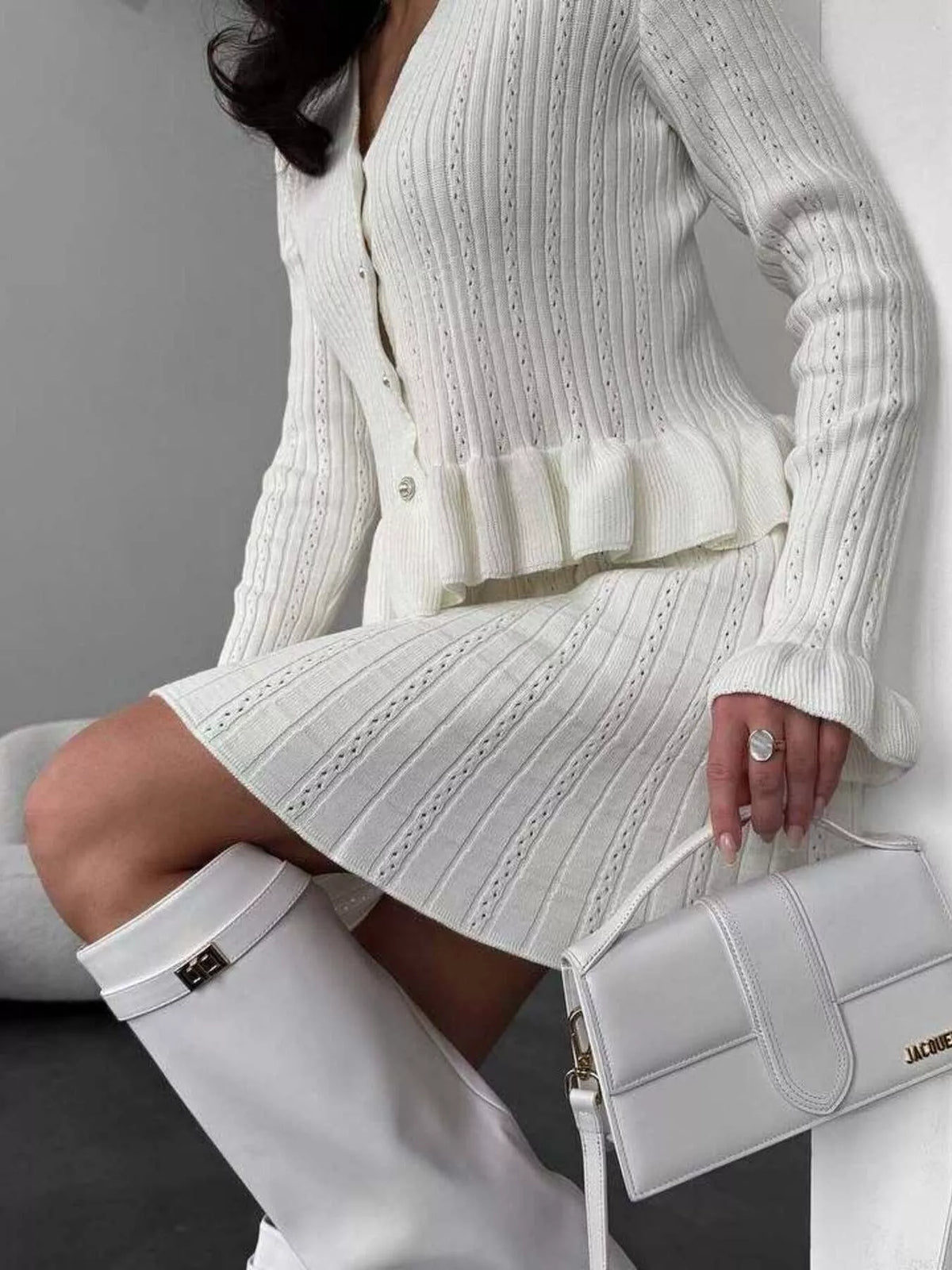Ruffle Trim Knit Cardigan and Skirt Set, view 9