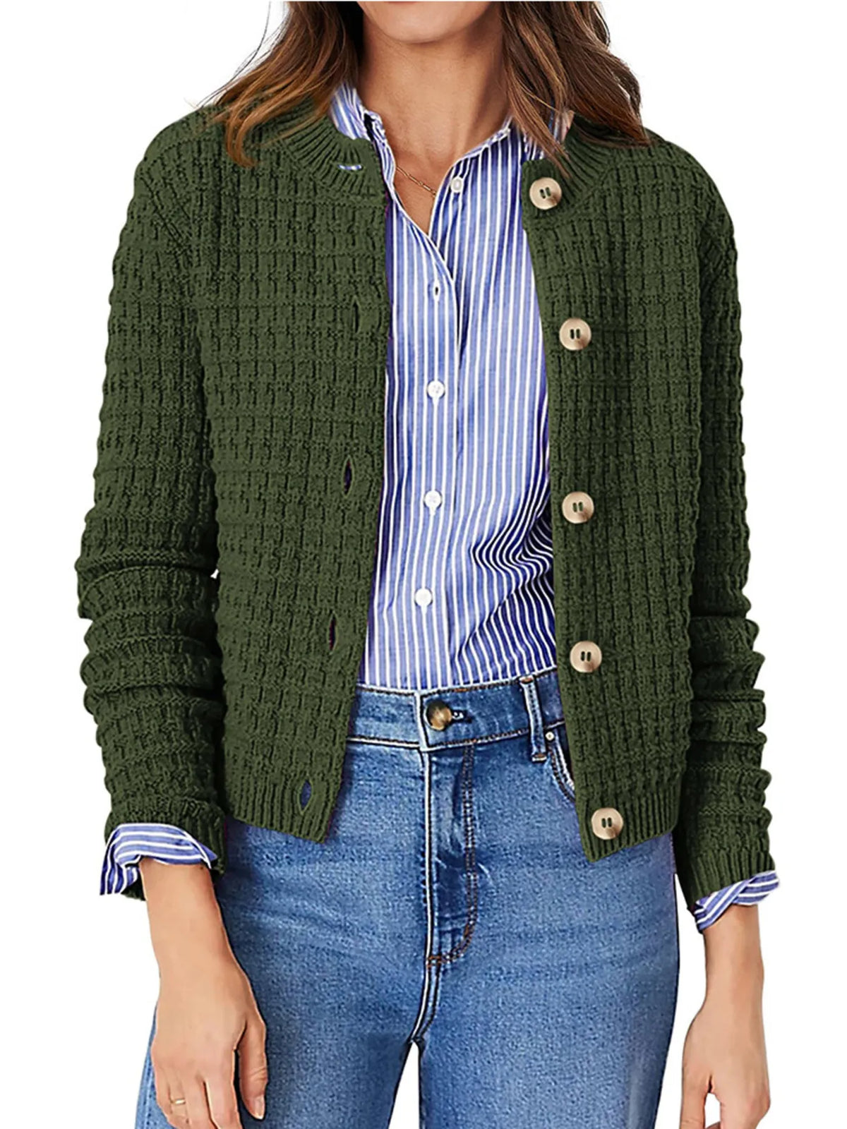 Textured knit button front cardigan, styled with denim