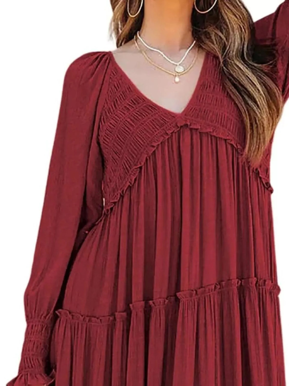 v neck long sleeve tiered maxi dress back view 3