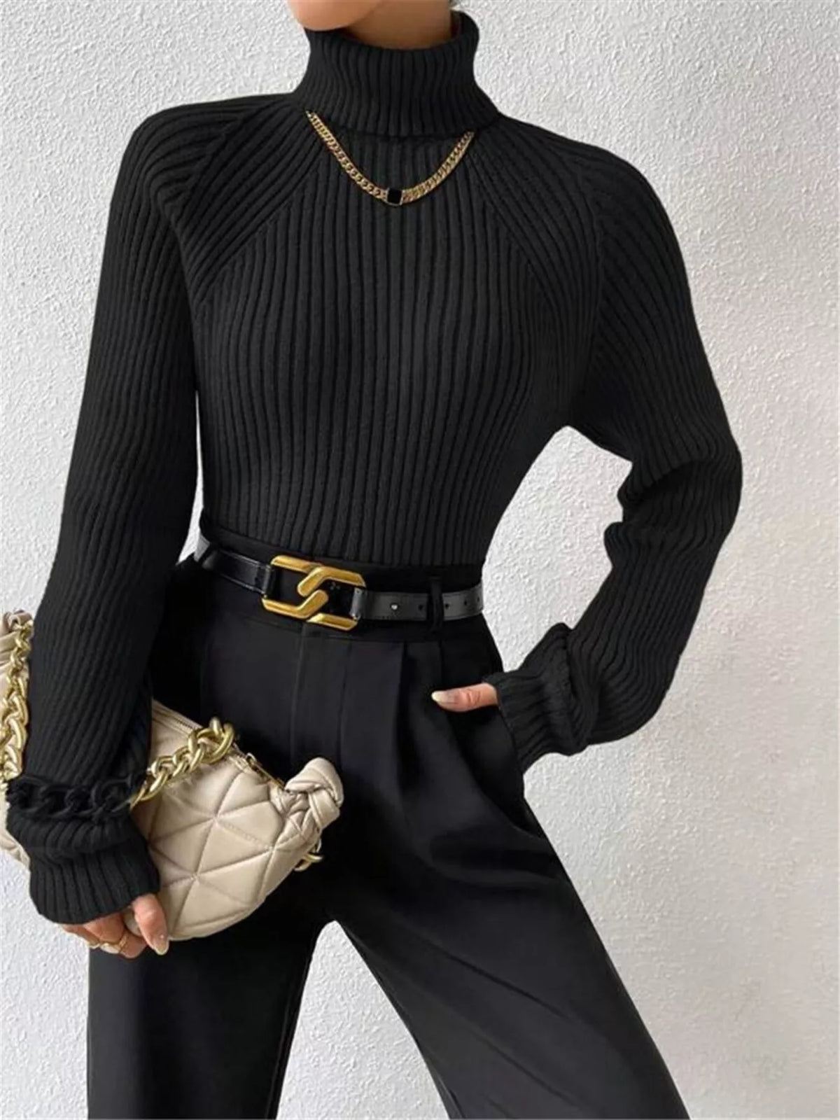 Black ribbed turtleneck styling