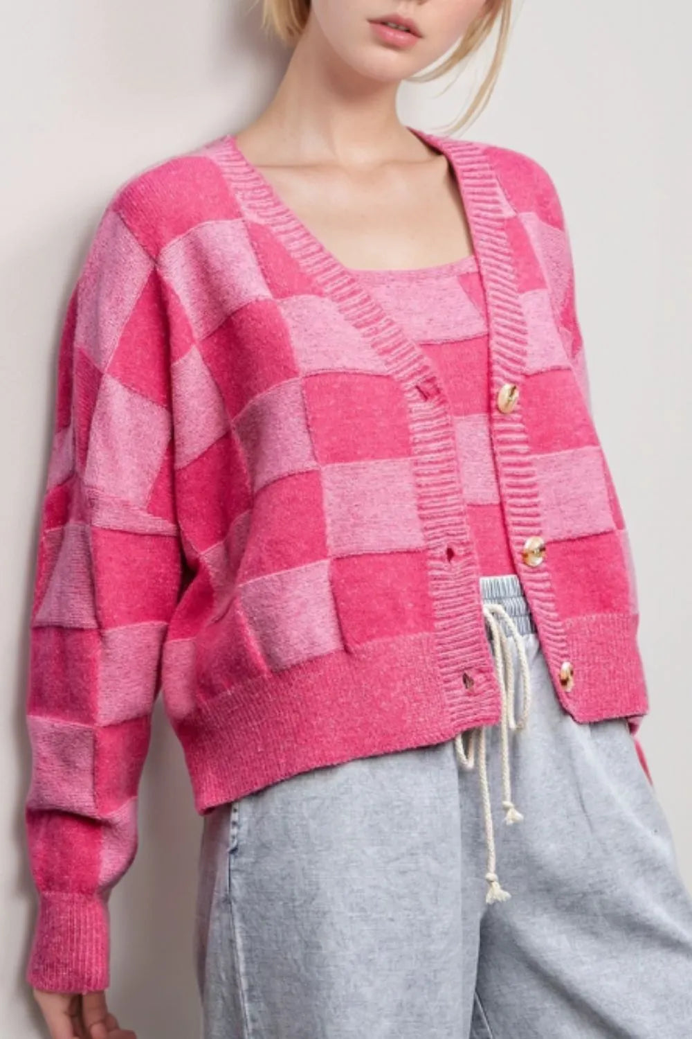 Checkered V-Neck Long Sleeve Cardigan Hot Pink - Fashorio