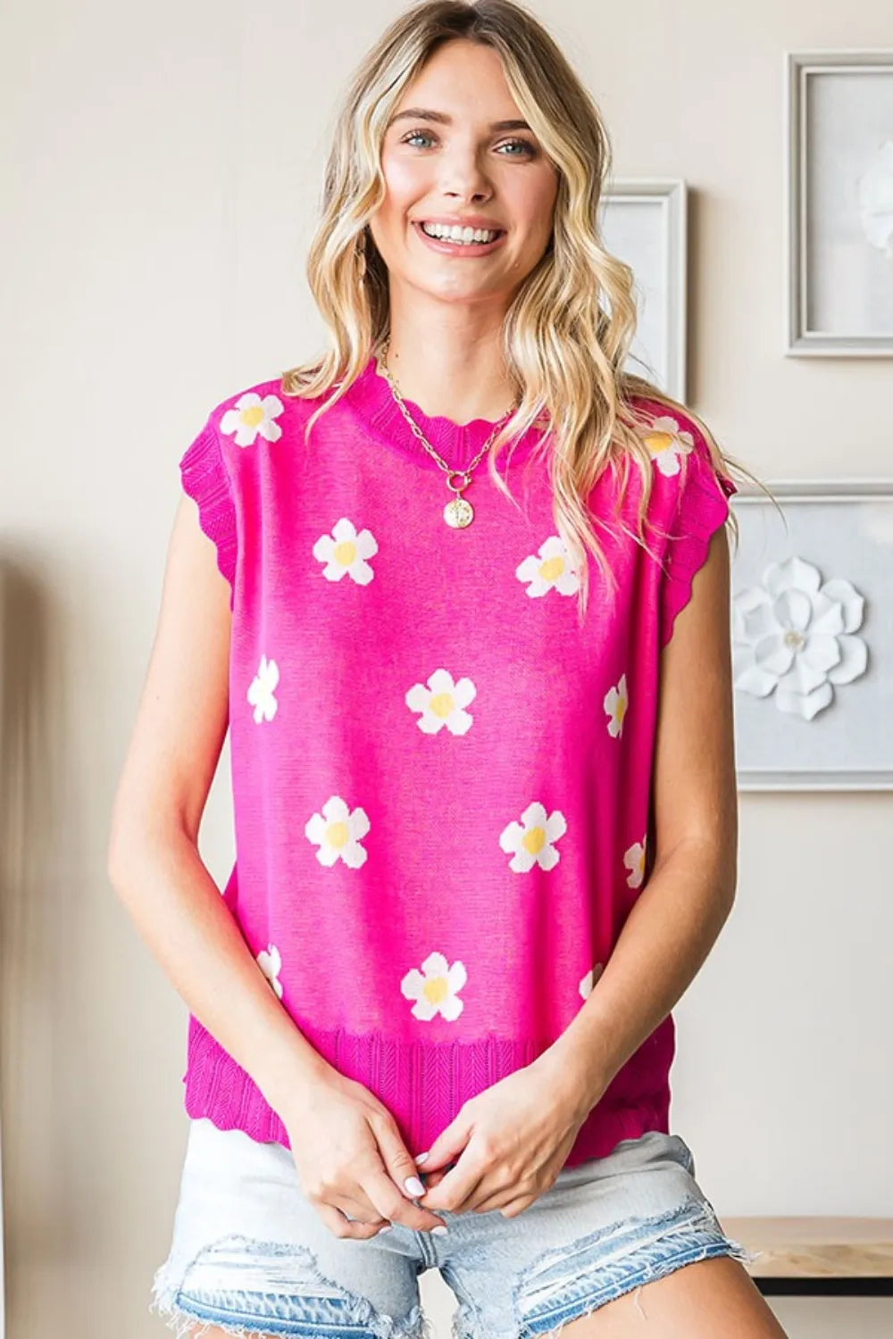 Floral Round Neck Sweater Vest styled look