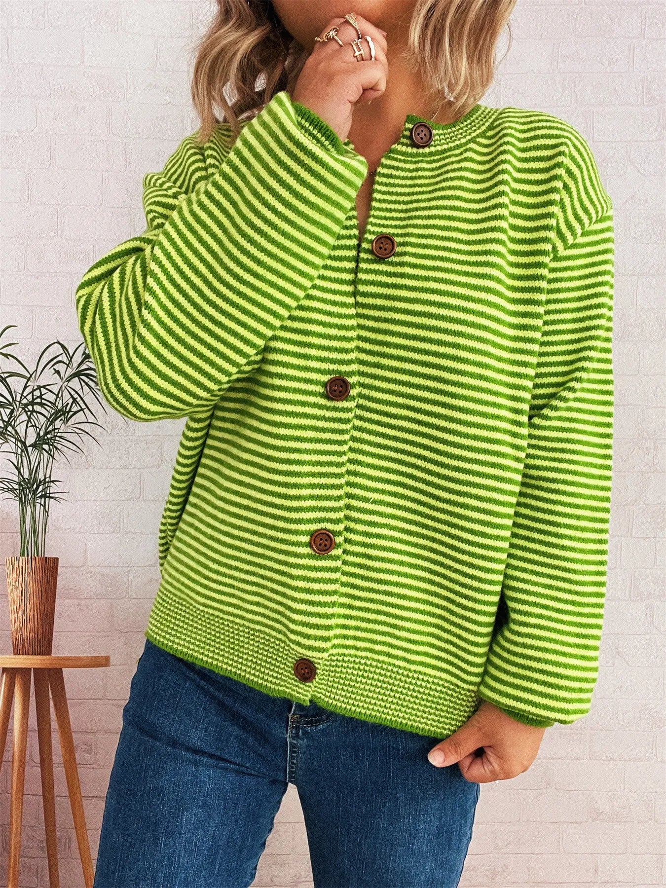 Striped Button Up Long Sleeve Cardigan - Fashorio