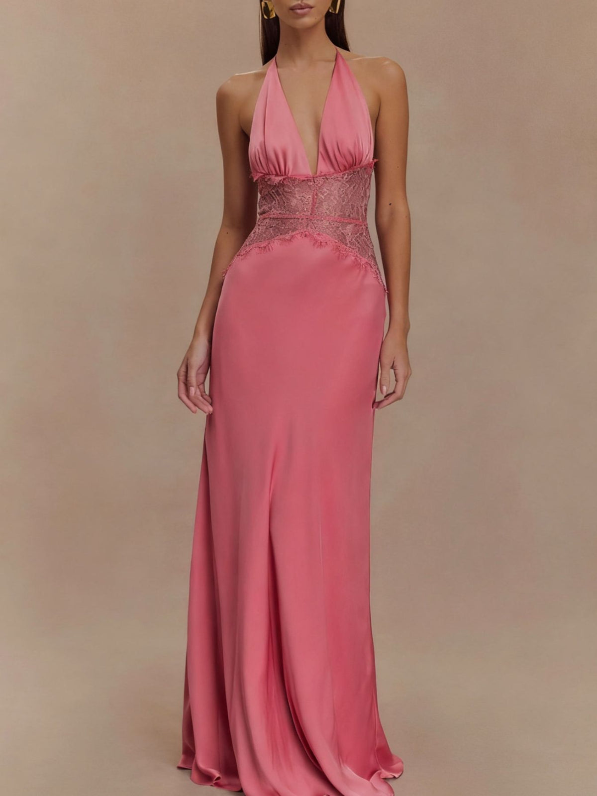 Halter neck lace trimmed maxi dress front view
