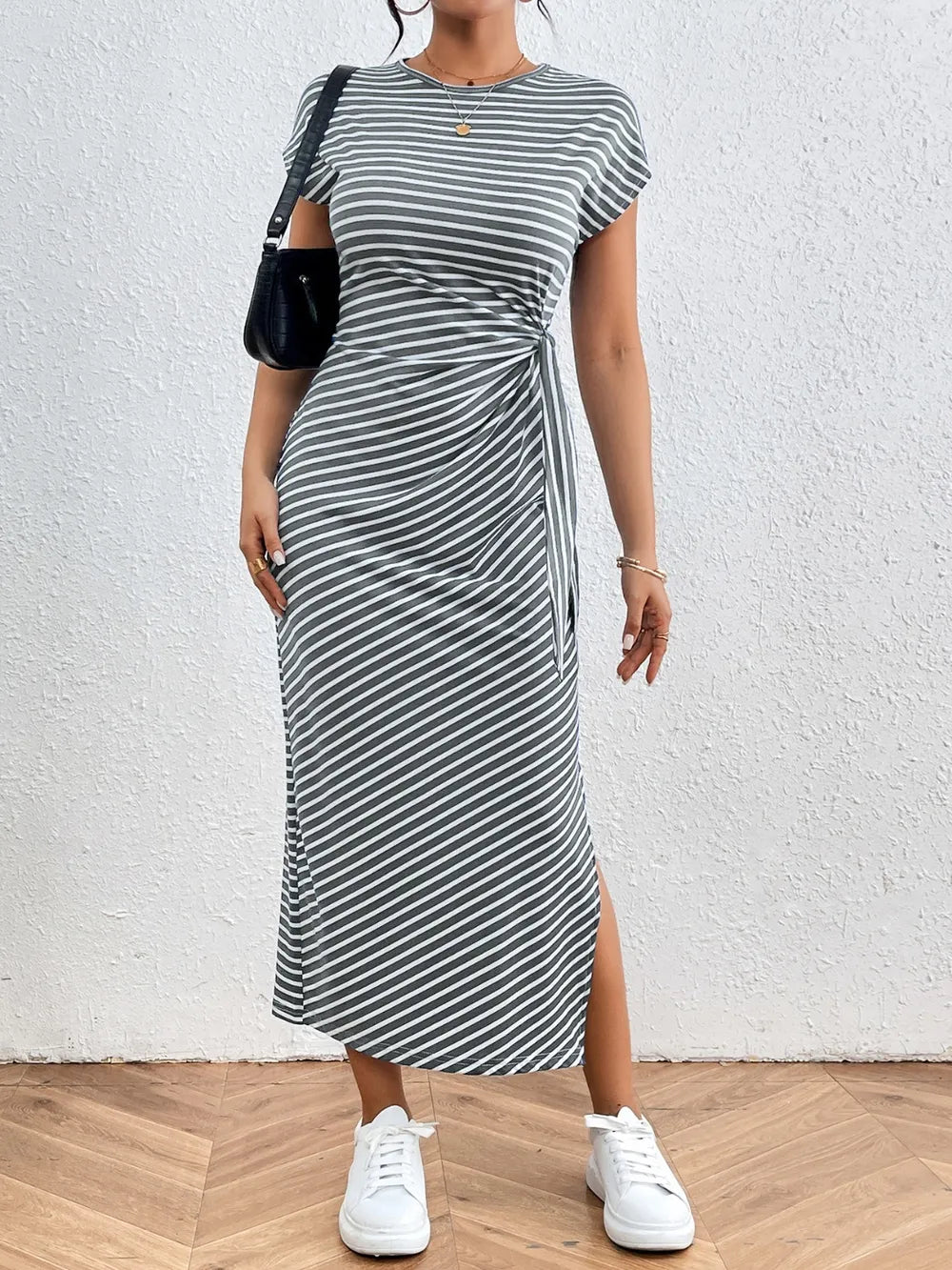striped round neck short sleeve tee dress styled look