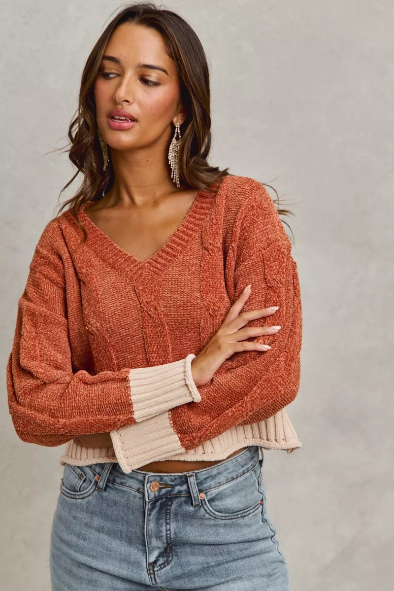 Chenille Cable Knit Cropped V Neck Sweater in Rust view 7
