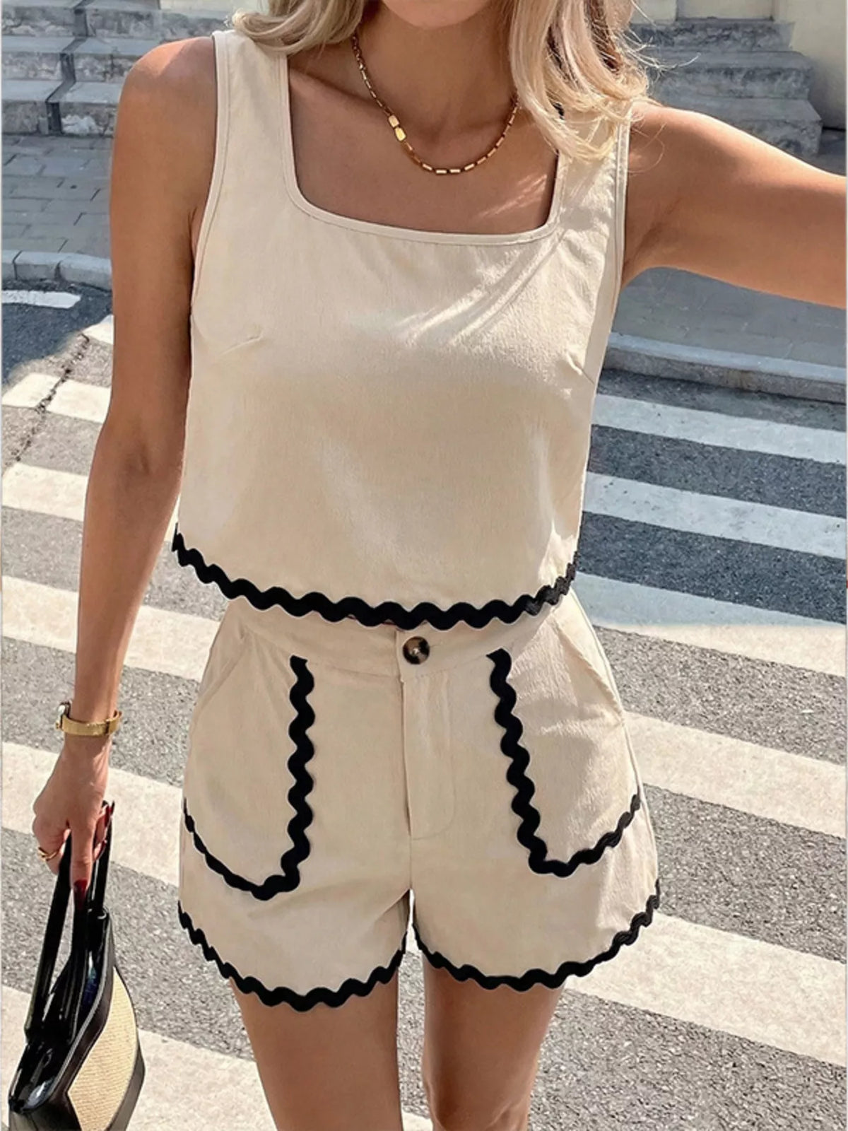 Coordinated scalloped tank and shorts set side view