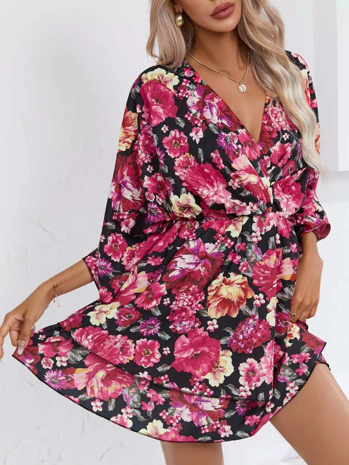 Floral print tiered ruffle hem mini dress front view