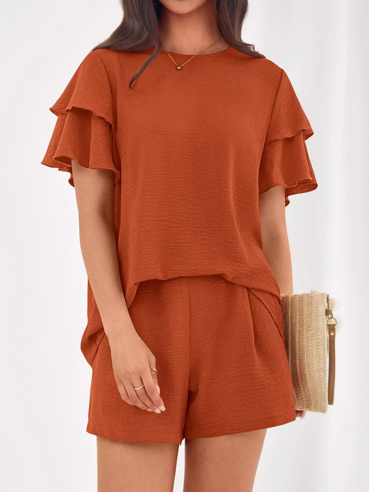 Matching ruffle top and shorts set back view