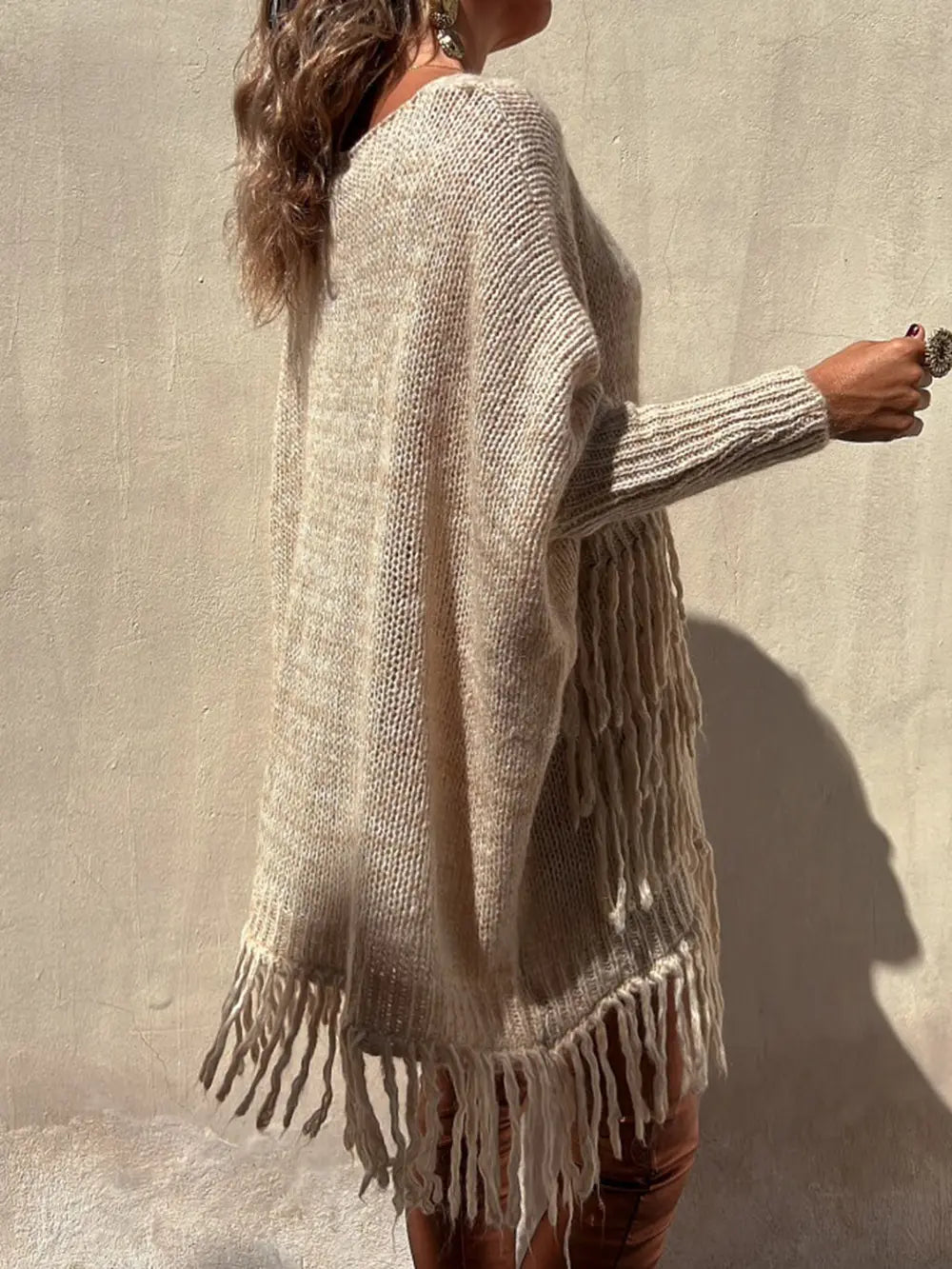 Fringe Detail Long Sleeve Sweater with Pockets - Fashorio