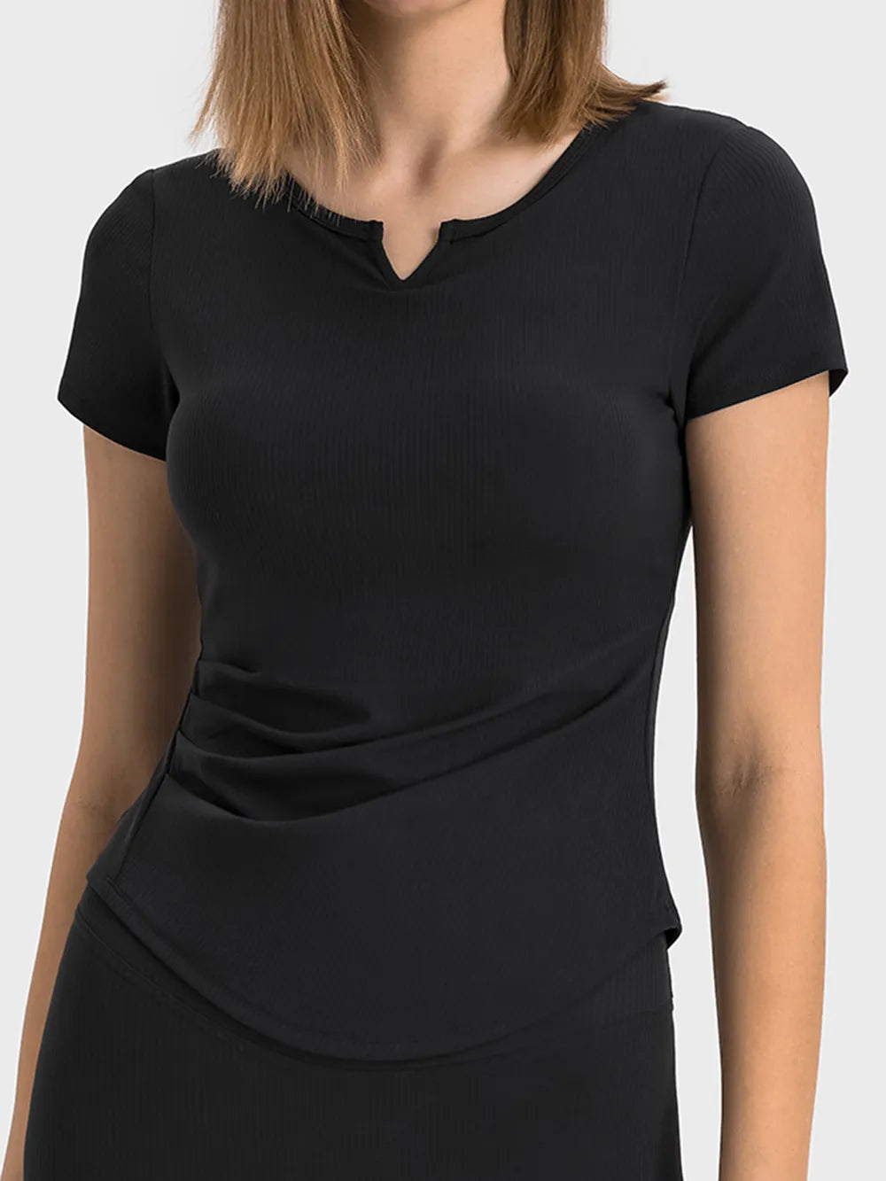 Notched neck short sleeve active t-shirt close up detail