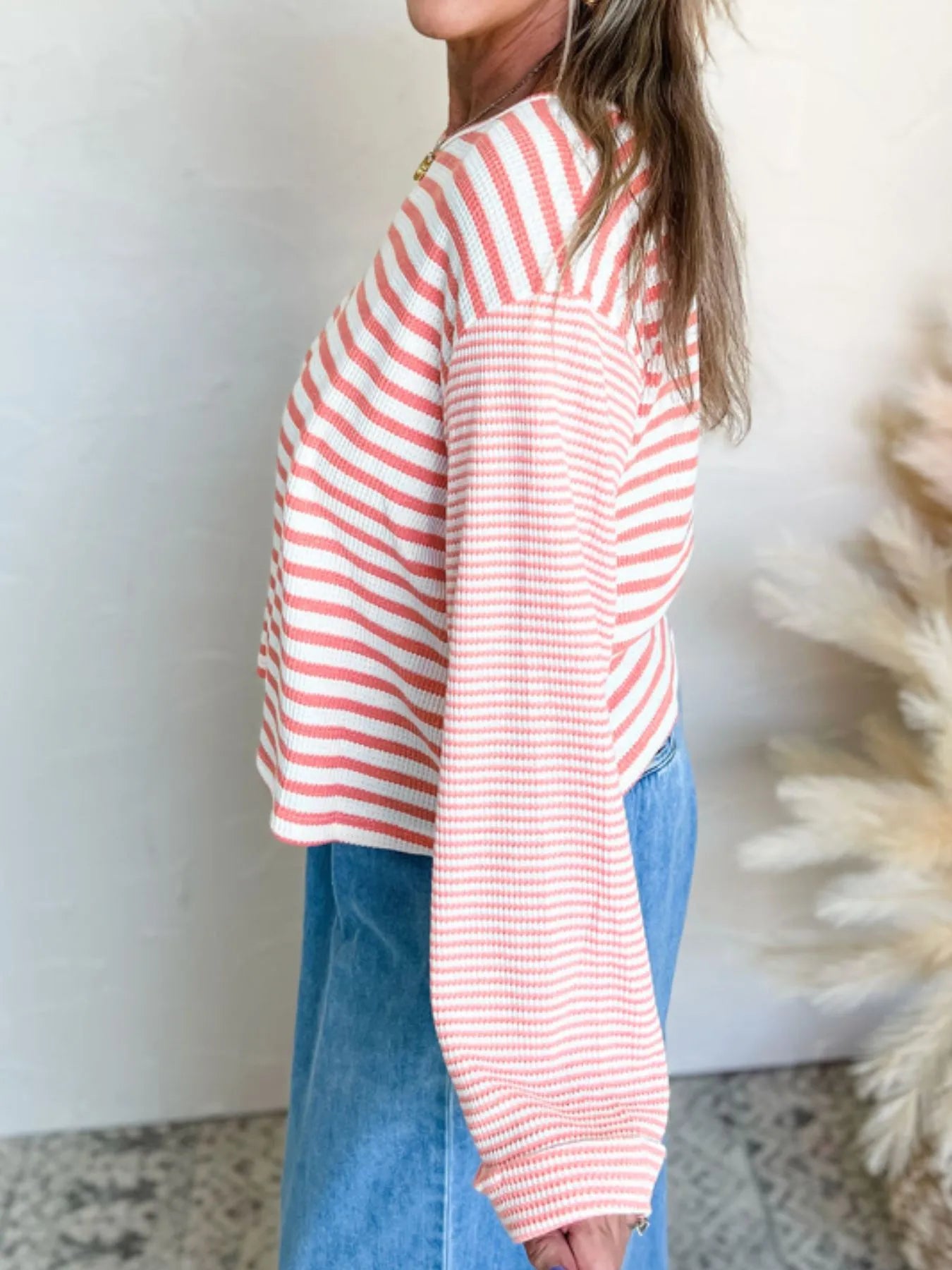 Striped Long Sleeve Ribbed Blouse - Fashorio