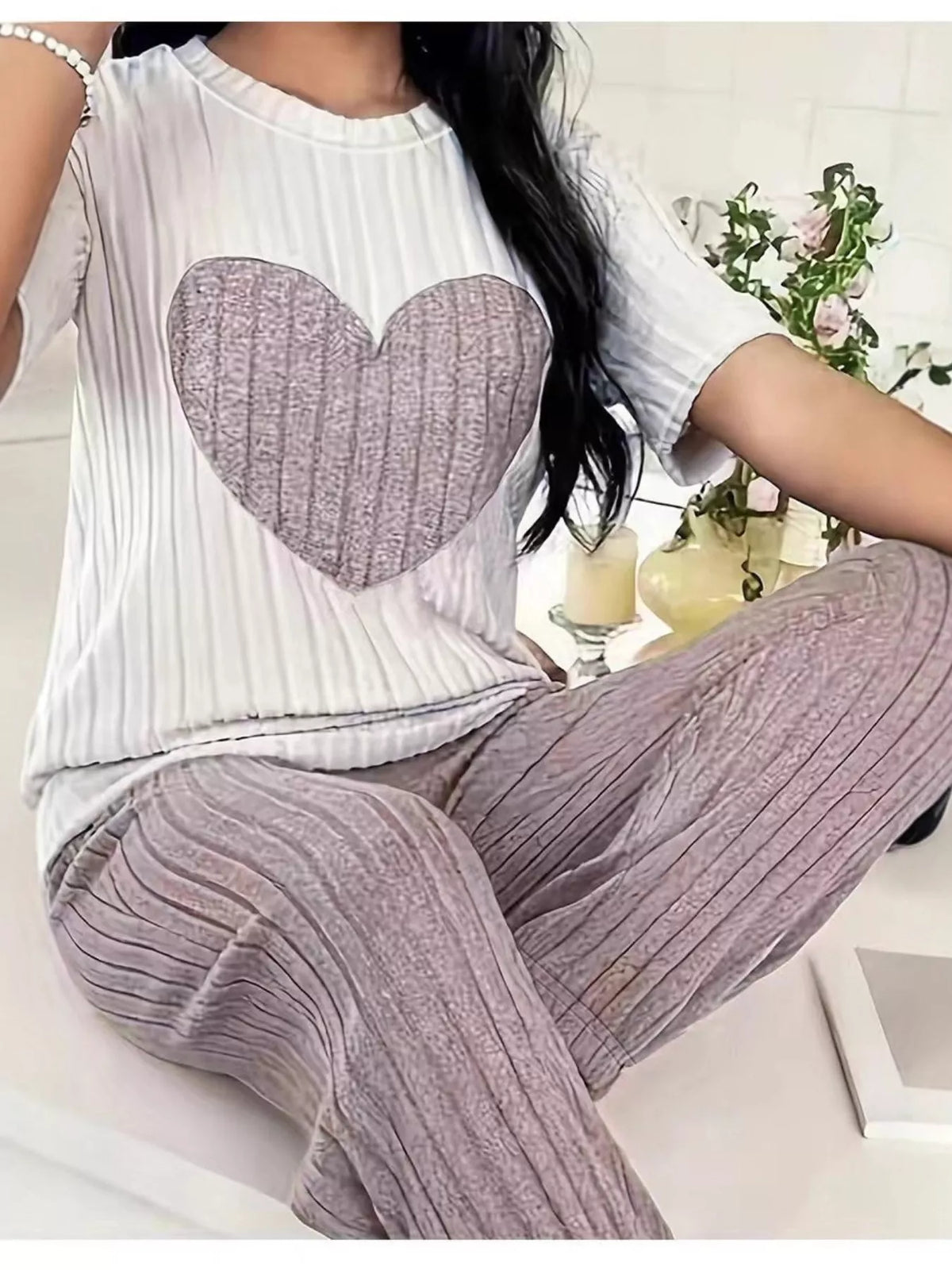 Heart ribbed top and pants set profile view