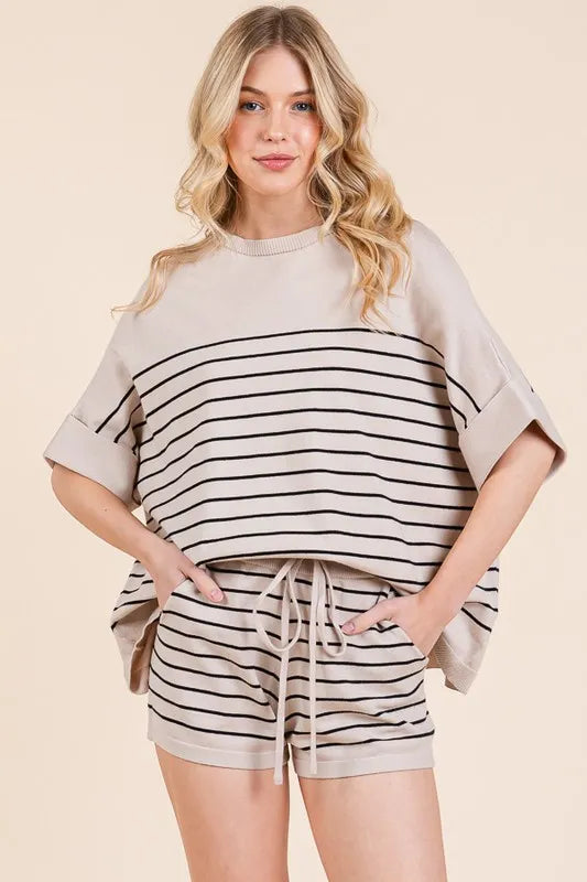 Lime 'N' Chili Striped Folded Half Sleeve Top and Shorts Set - Fashorio