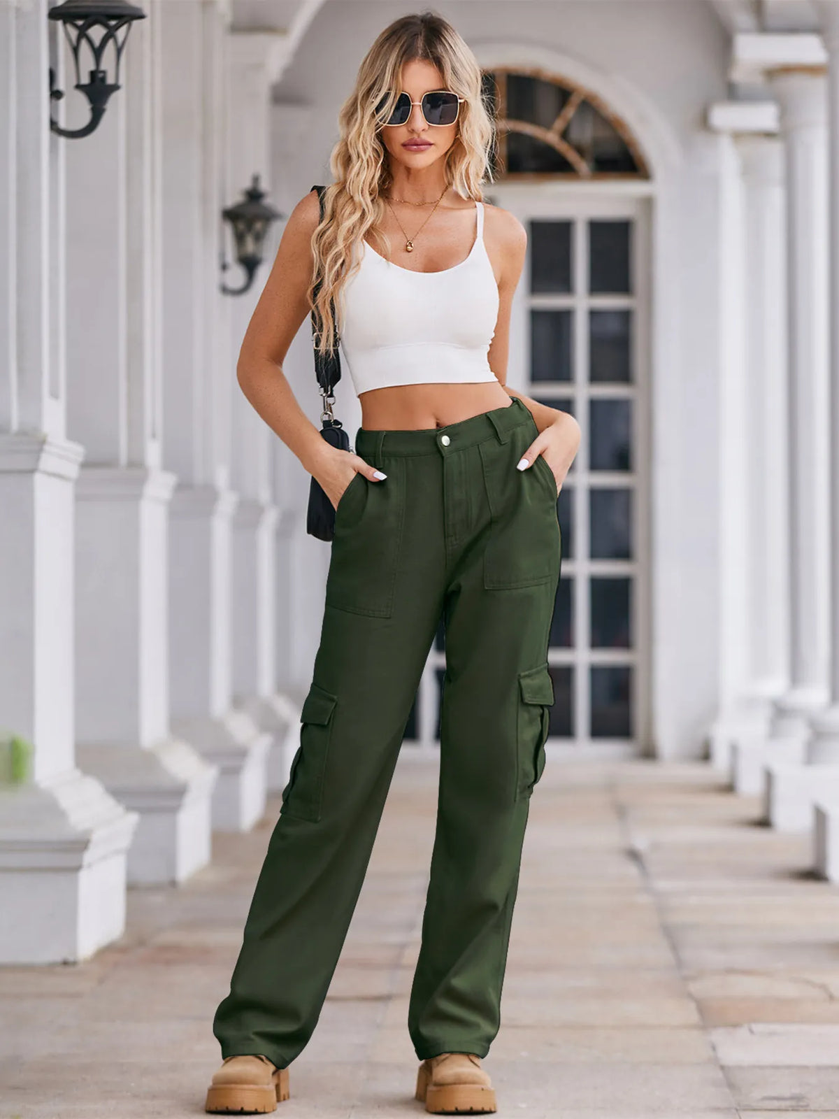 High waist cargo jeans seated view