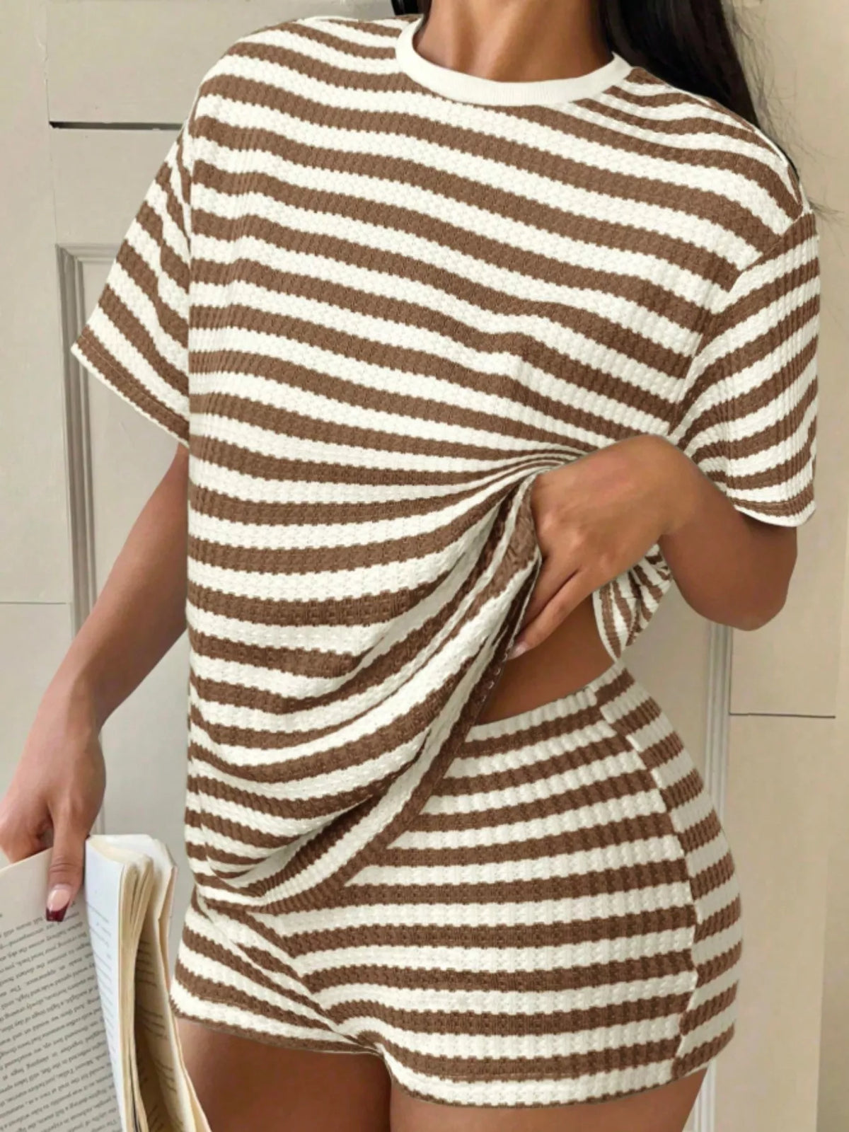 Striped round neck top and shorts two piece detail