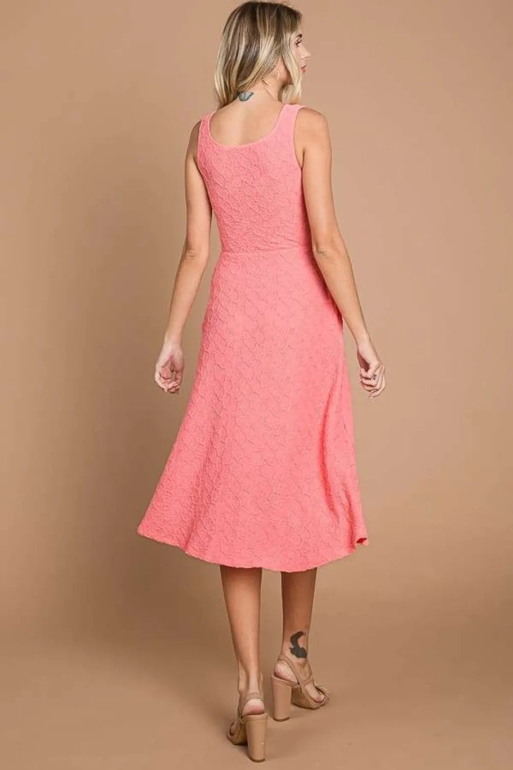Textured Square Neck Tank Dress with Pockets in Pink side view