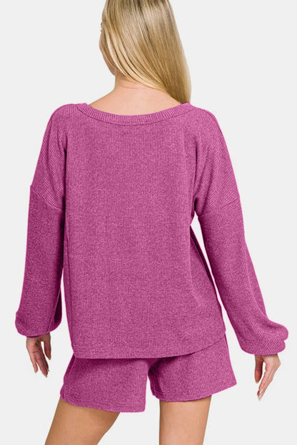 Zenana V-Neck Long Sleeve Ribbed Top and Shorts Set - Fashorio