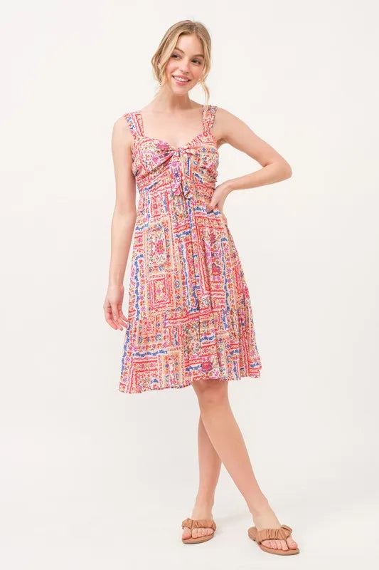 Tie Front Smocked Tiered Boho Dress in Red view 7