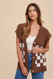 Annie Wear Checkered Button Down Short Sleeve Cardigan Dark Brown - Fashorio