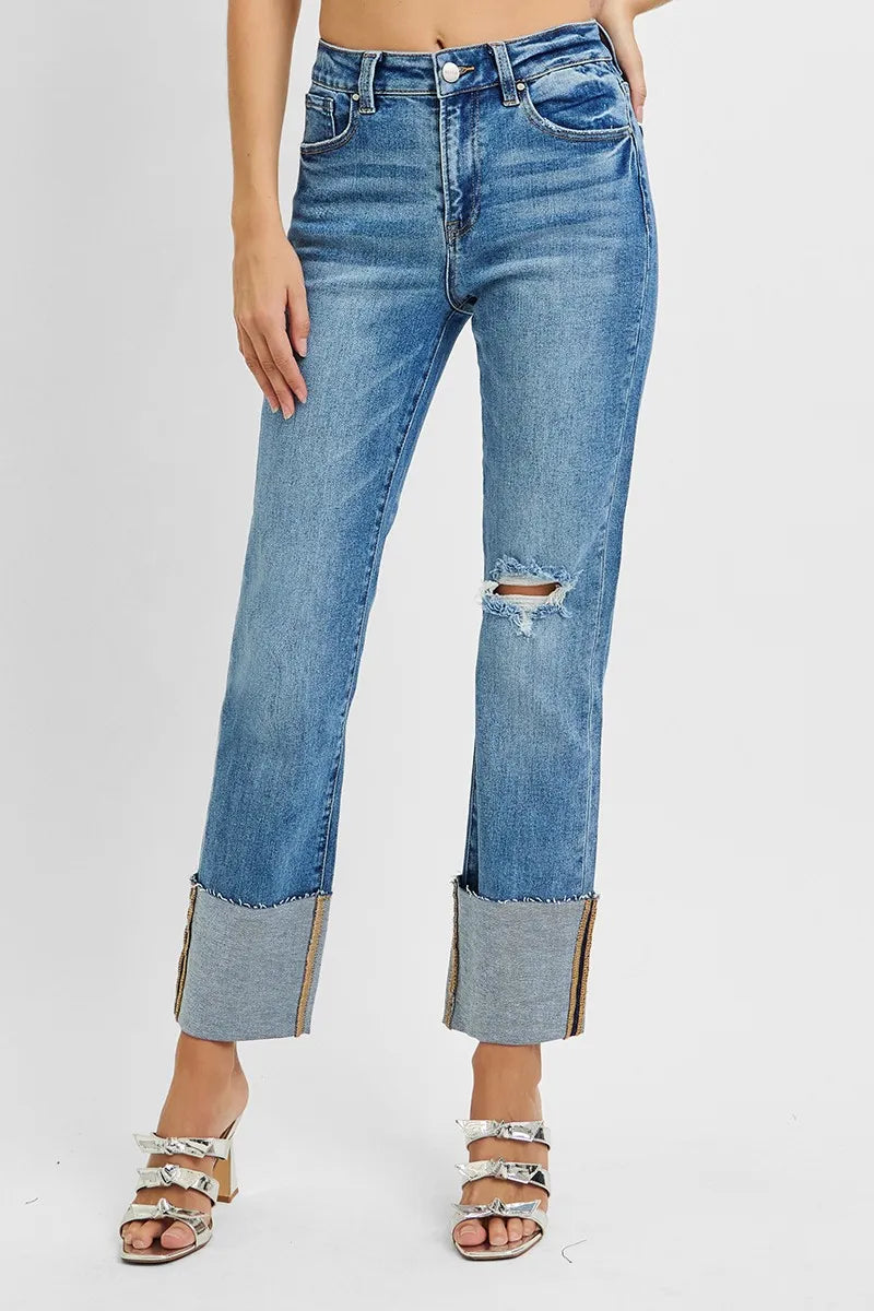 RISEN cuffed jeans back view with five pocket styling