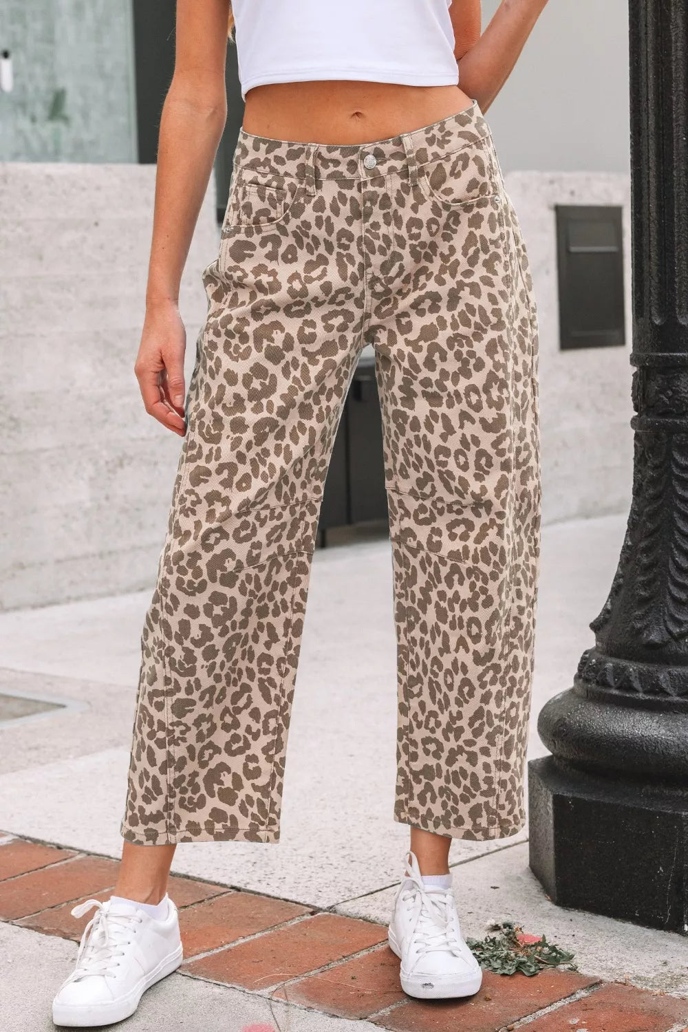 Full length styling of leopard print cropped jeans