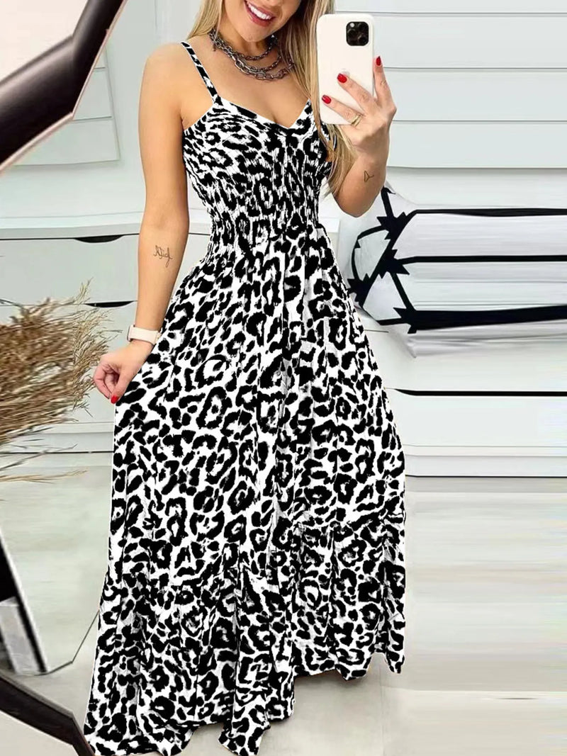 Leopard Print Spaghetti Strap Maxi Dress front view
