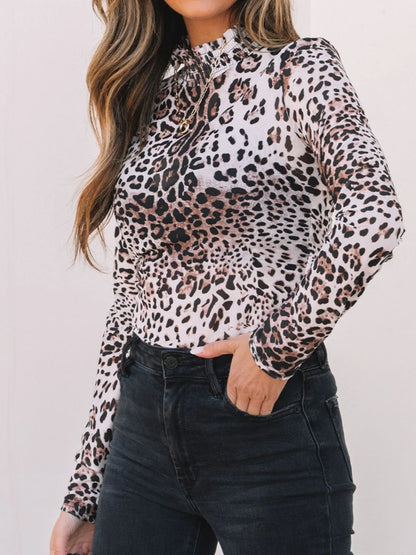 Leopard Print Long Sleeve Mock Neck Bodysuit - Fashorio