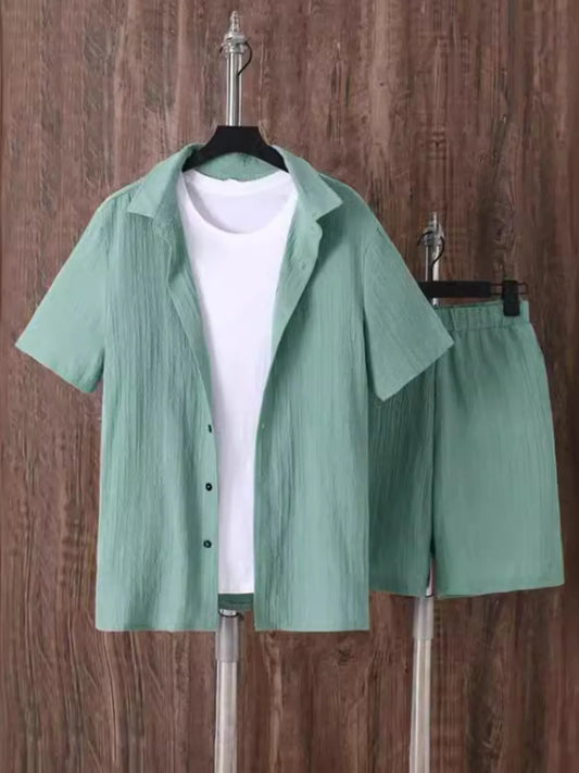 Men's Plus Size Button Up Short Sleeve Shirt and Shorts Set Green - Fashorio