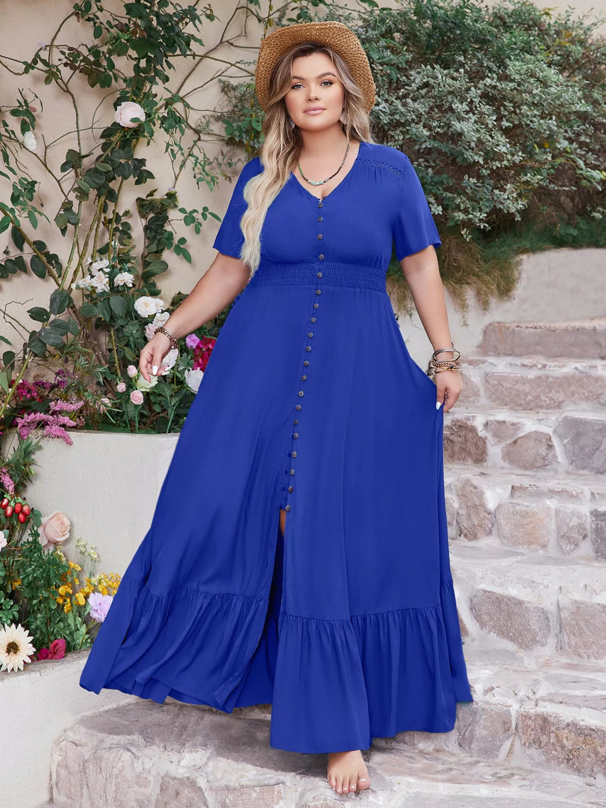 Ruffled hem detail on flowy maxi dress