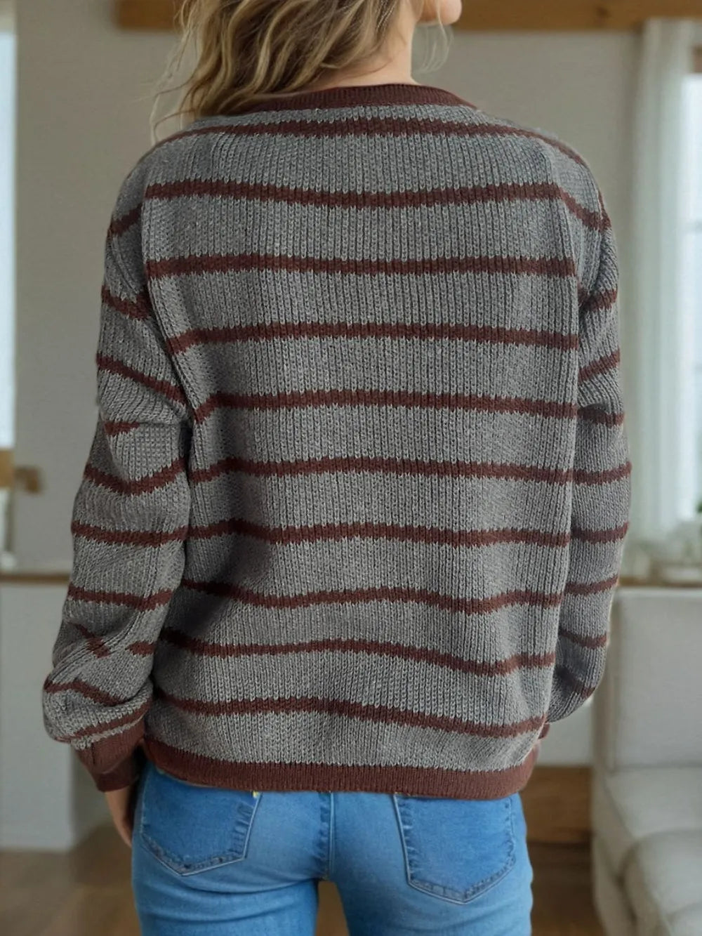Striped Round Neck Long Sleeve Cardigan - Fashorio