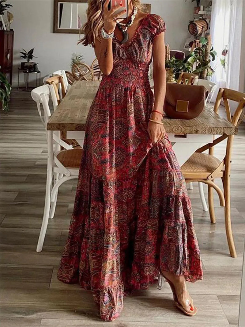 Smocked printed V neck short sleeve maxi dress, front view