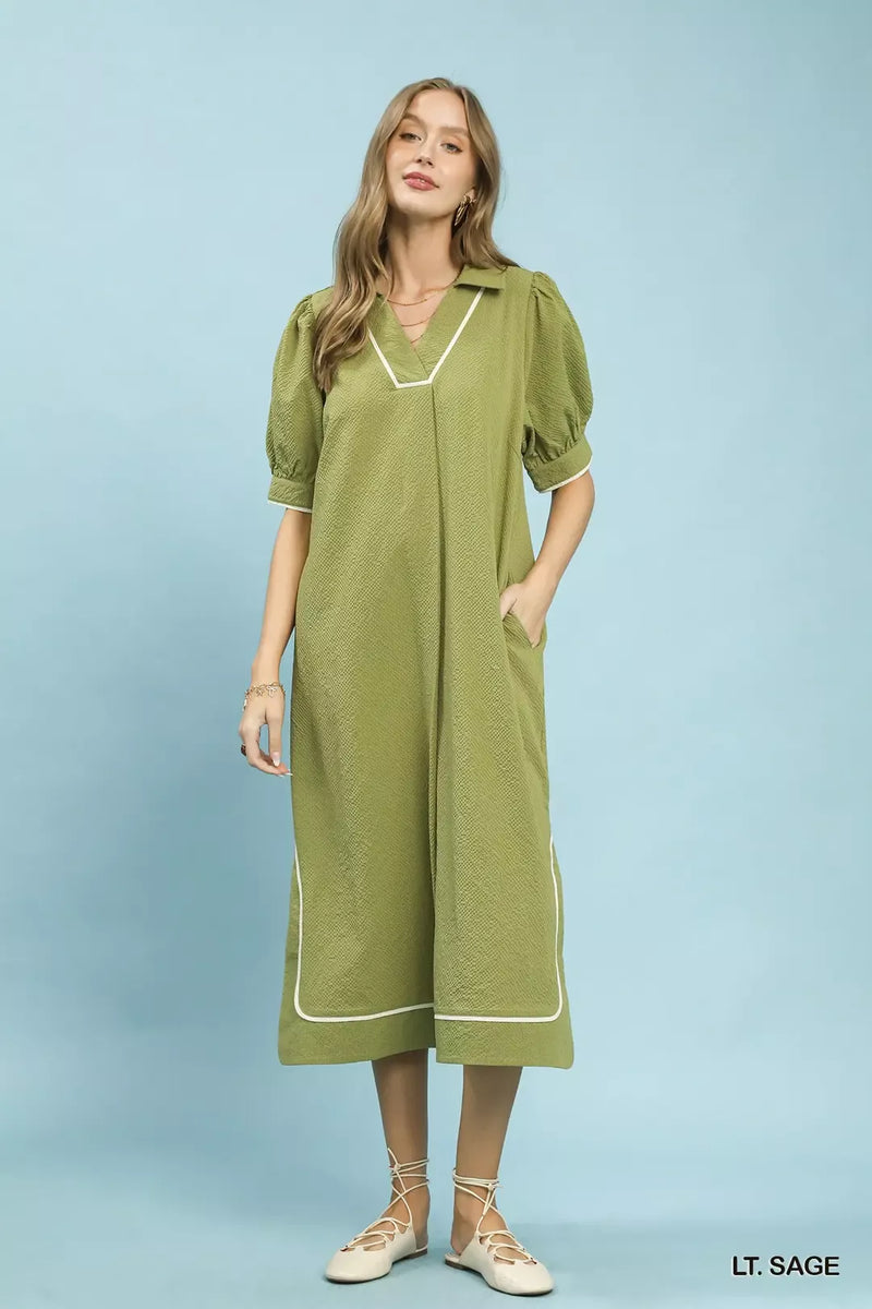 Seersucker Midi Dress with Contrast Trim