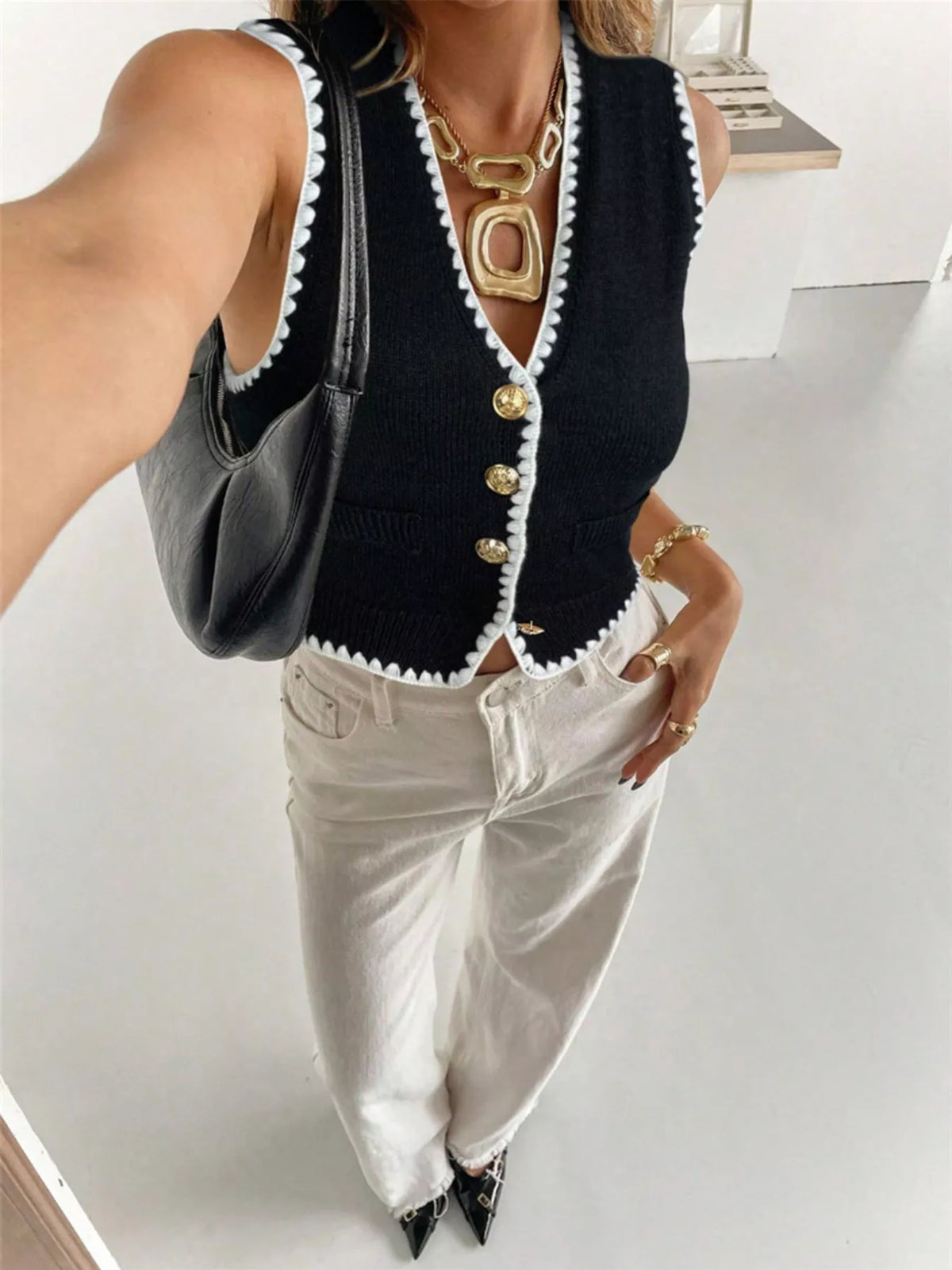 Button up knit vest side view