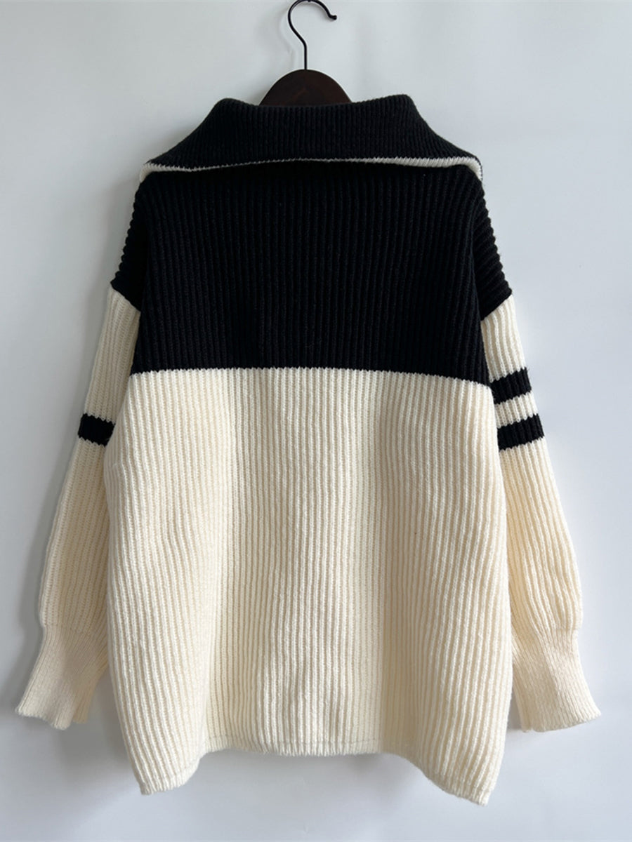 Ribbed Two-Tone Half Zip Sweater - Fashorio