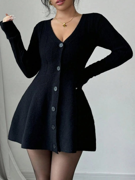 Button-Front V-Neck Knit Dress - Fashorio