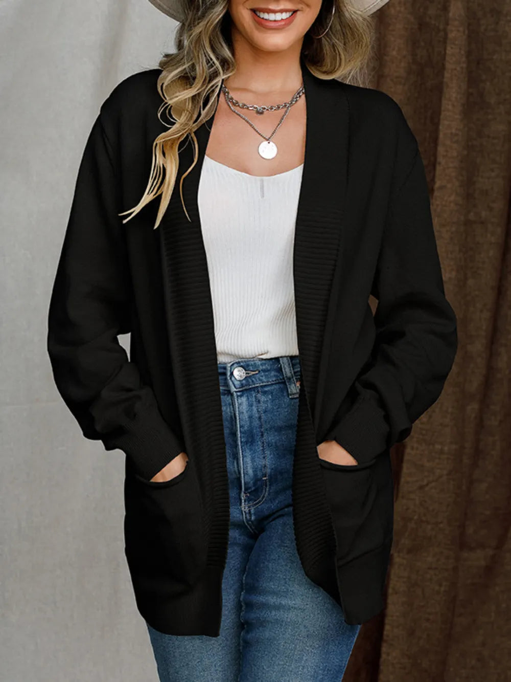 Open Front Long Sleeve Sweater Cardigan Black - Fashorio