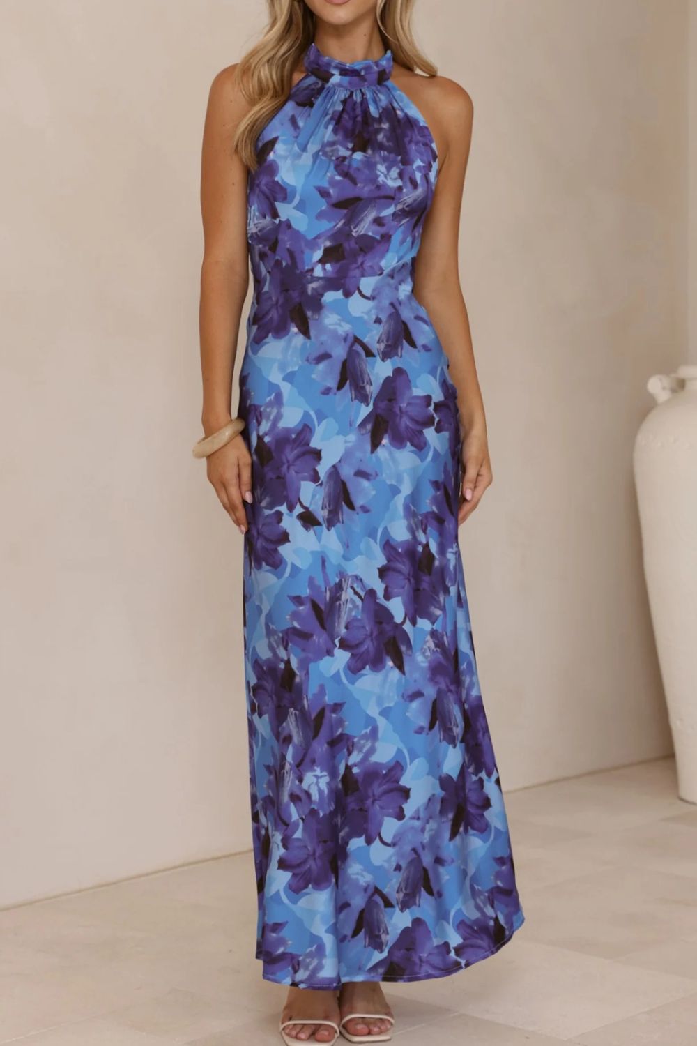 floral halter neck maxi dress with leg slit back view