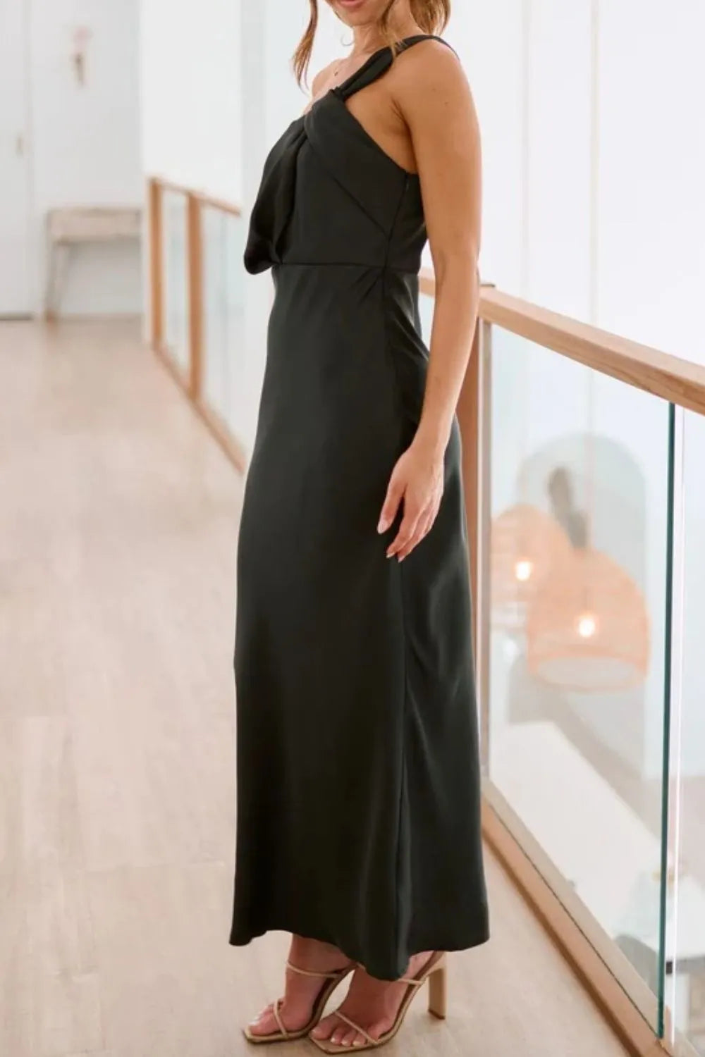 Black single shoulder maxi dress styled look