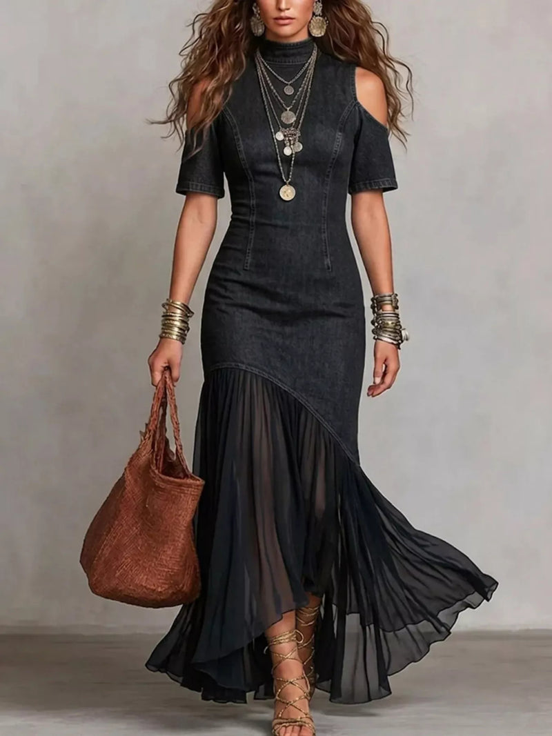 Mock neck cold shoulder ruffle hem maxi dress front view