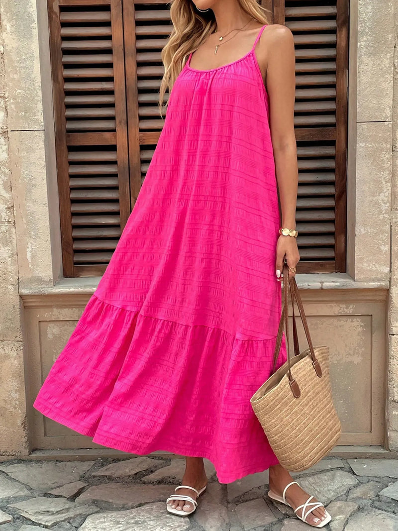 Deep rose scoop neck tiered cami maxi dress front view