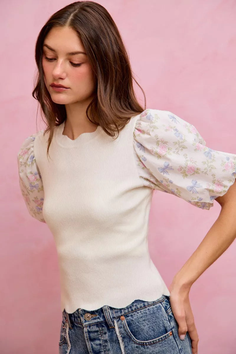 Scallop floral sweater top front pose