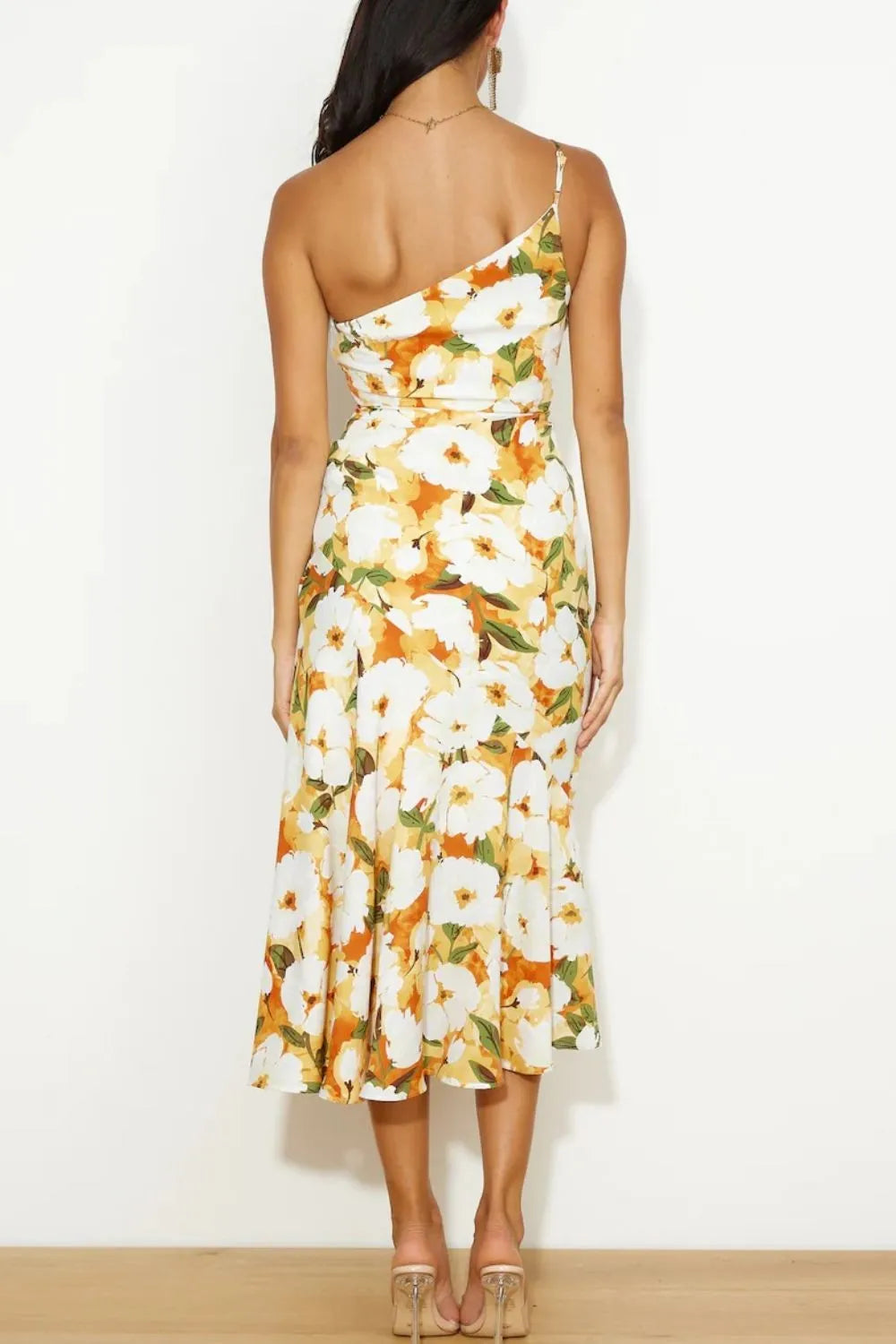 Printed one shoulder midi dress back view