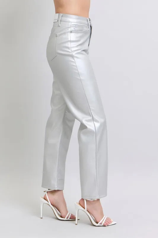 Judy Blue Full Size High Waist Silver Faux Leather Pants Plus Size - Fashorio