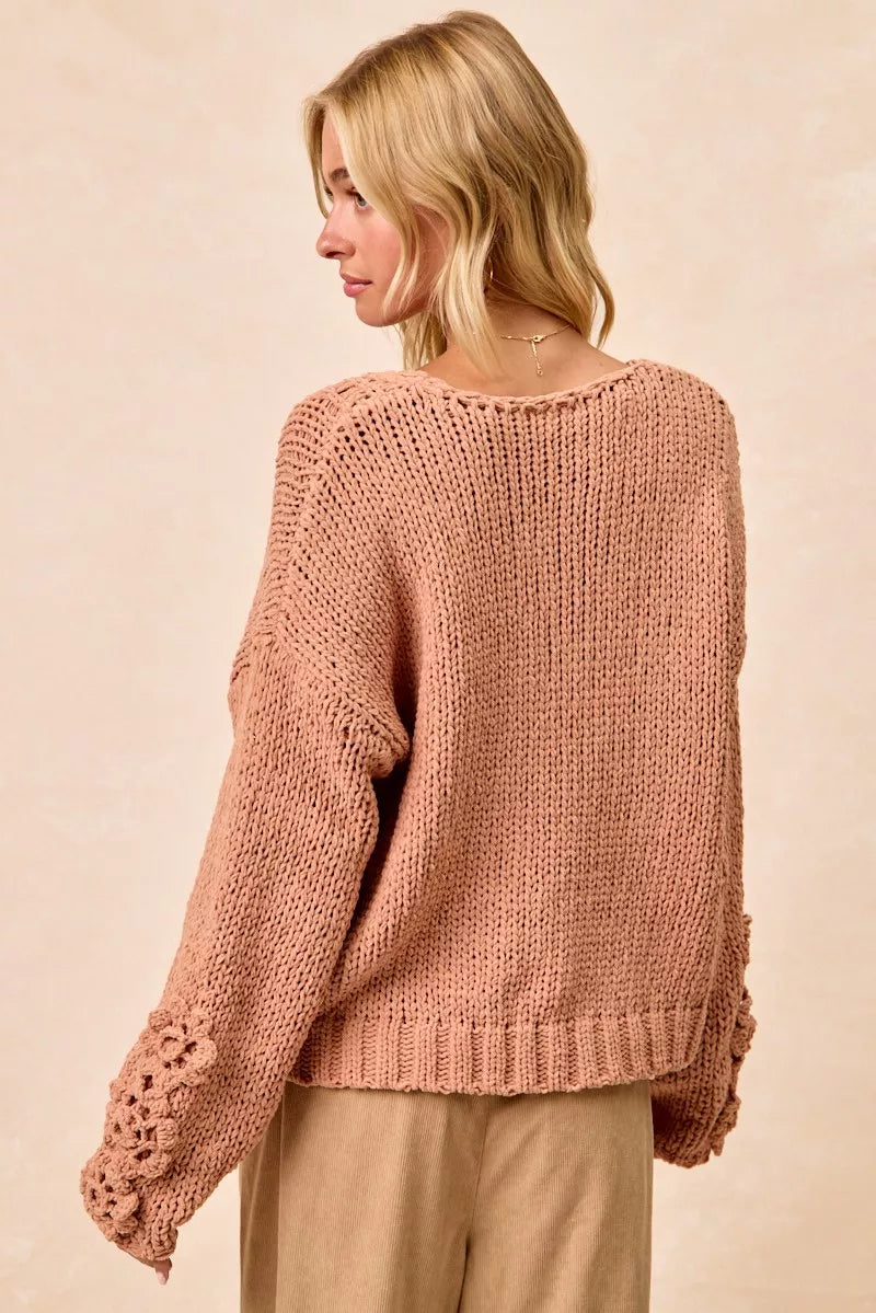 Chunky Knit Sweater with Floral Sleeves in Dusty Peach view 17