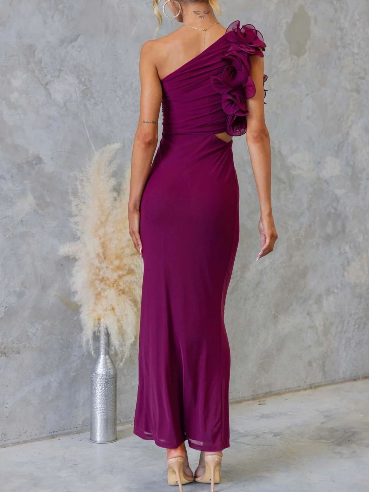 One shoulder floral trim sleeveless maxi dress skirt and hem detail