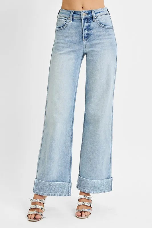 RISEN wide leg cuffed jeans light wash side view