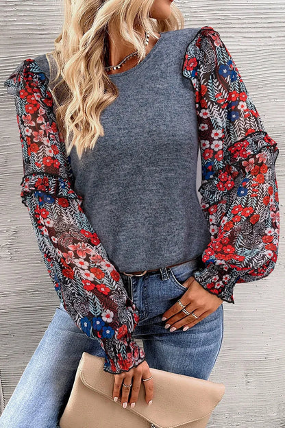 Heathered Floral Frill Lantern Sleeve Blouse - Fashorio