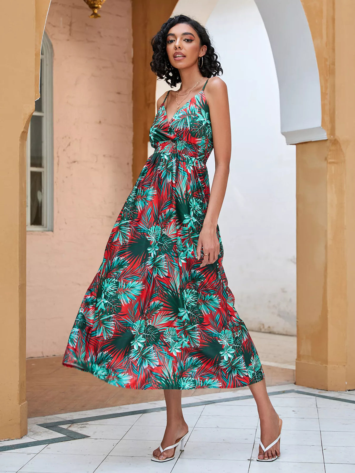 Floral print spaghetti strap midi dress styled view